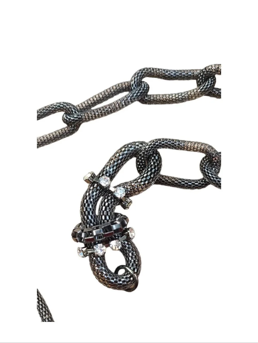 Chicos Rhinestone Laden Chain Belt Gunmetal Gray Chunky Adjustable 90s